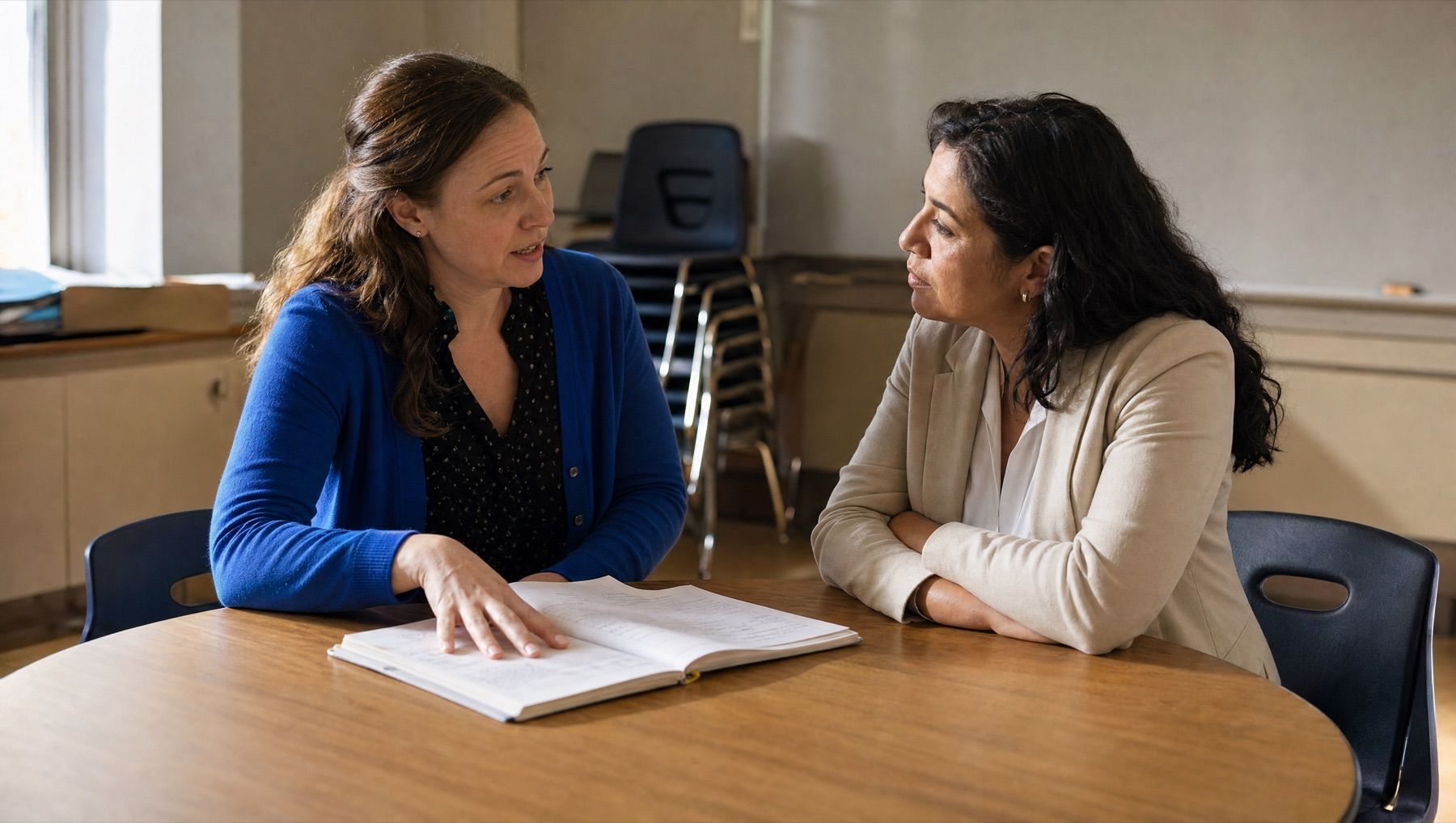 Two educators at a round classroom table after the bell, one in a cobalt cardigan walking the other through notes in an open notebook