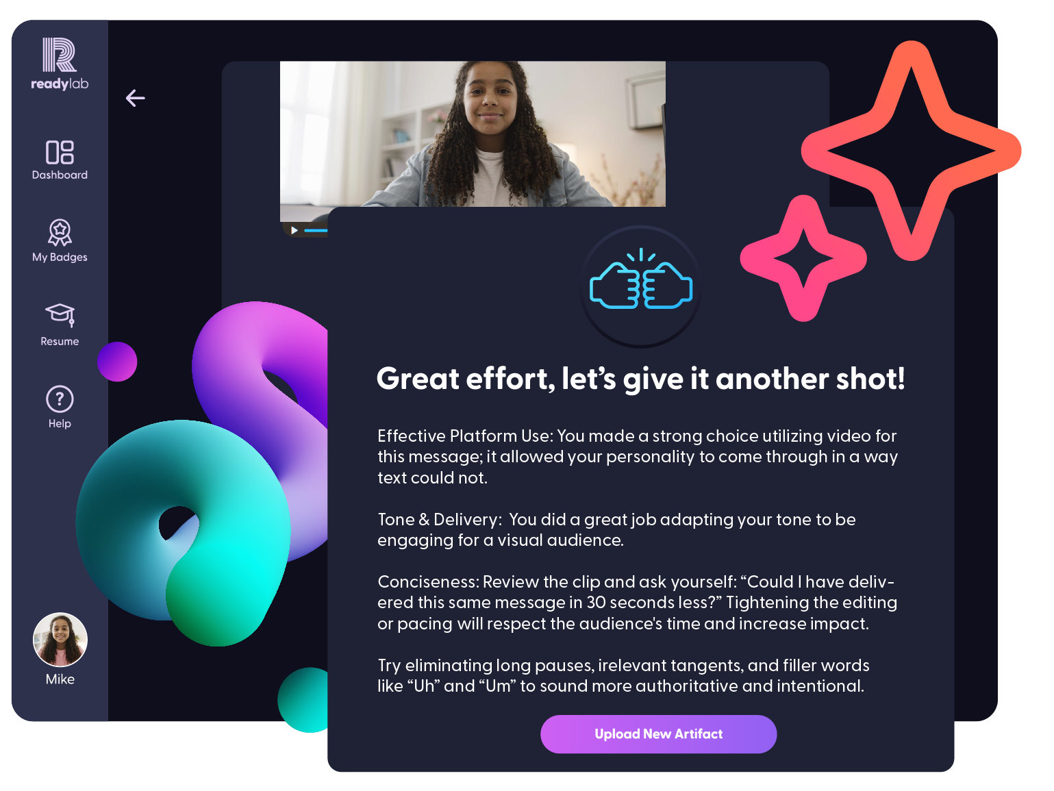 ReadyLab feedback on a student’s video artifact, headed “Great effort, let’s give it another shot,” with notes on platform use, tone and concision and a button to upload a new artifact
