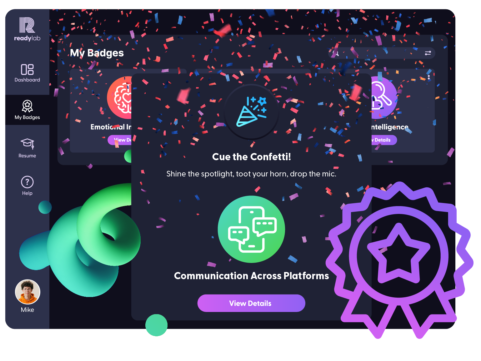 ReadyLab badge screen celebrating a newly earned Communication Across Platforms badge, with confetti and a large badge icon