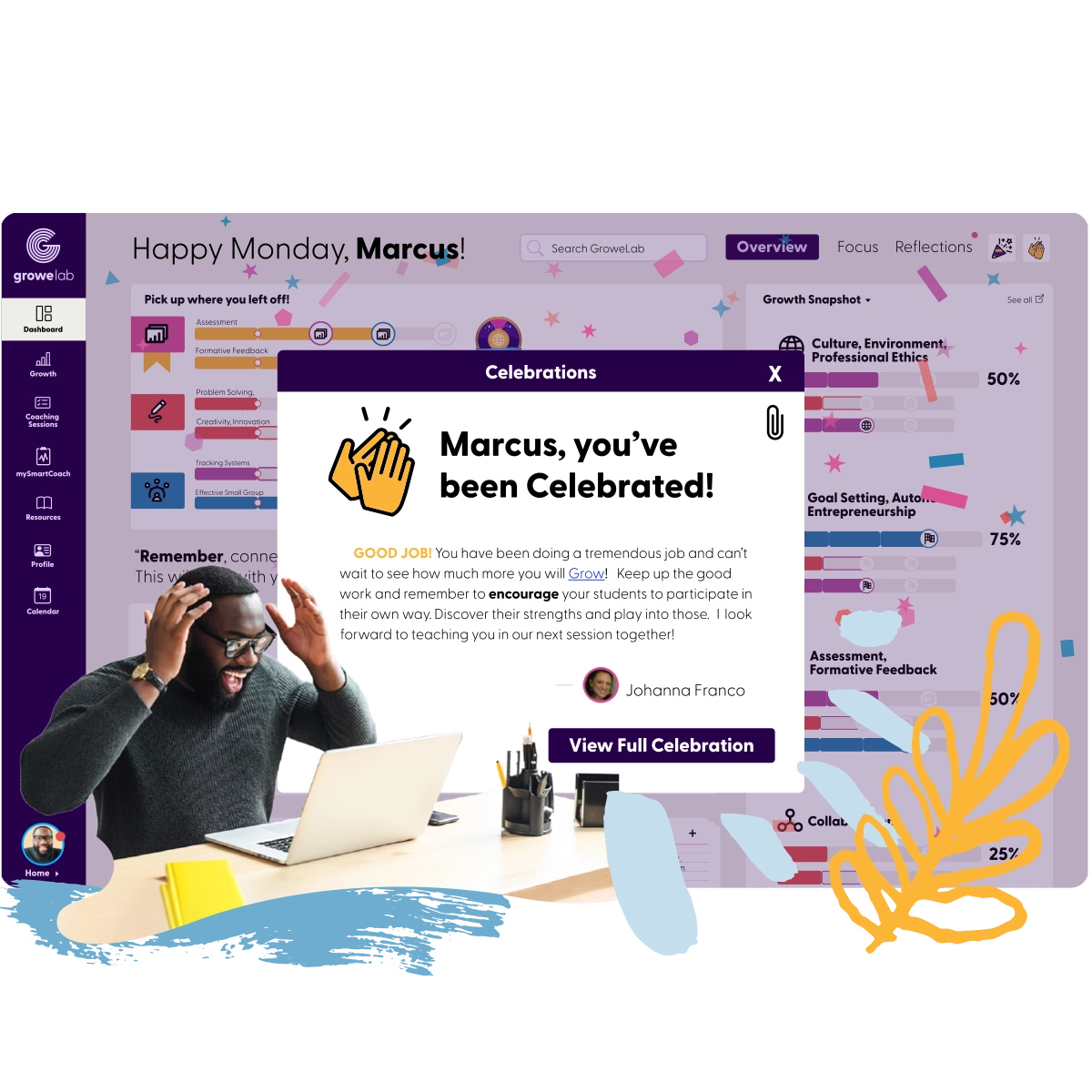 A GroweLab celebration with confetti for a teacher who earned a badge