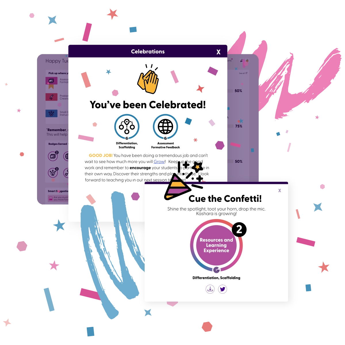 GroweLab celebration windows: "You’ve been celebrated" with two competency badges, and "Cue the confetti" marking a level-two badge in Resources and Learning Experience