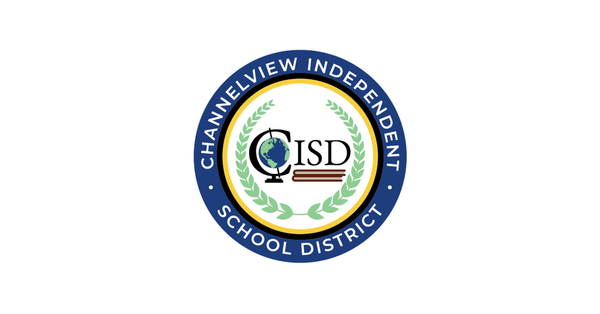 The Channelview Independent School District seal: a globe and CISD inside a laurel wreath, ringed in navy and gold
