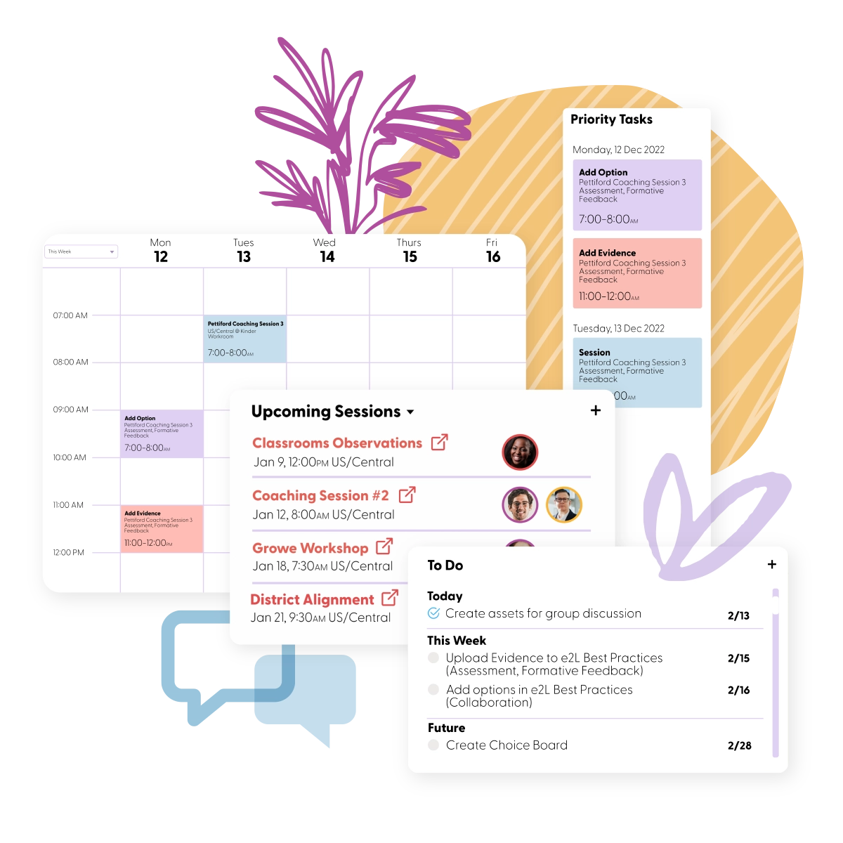 A GroweLab week calendar of coaching sessions, an upcoming-sessions list with coach photos, priority tasks and a to-do list
