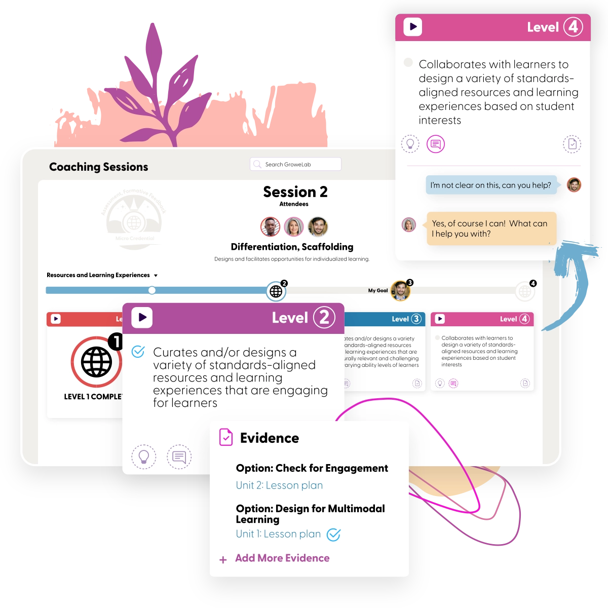 A live GroweLab coaching log where a coach and a teacher record the conversation, celebrations and action items together