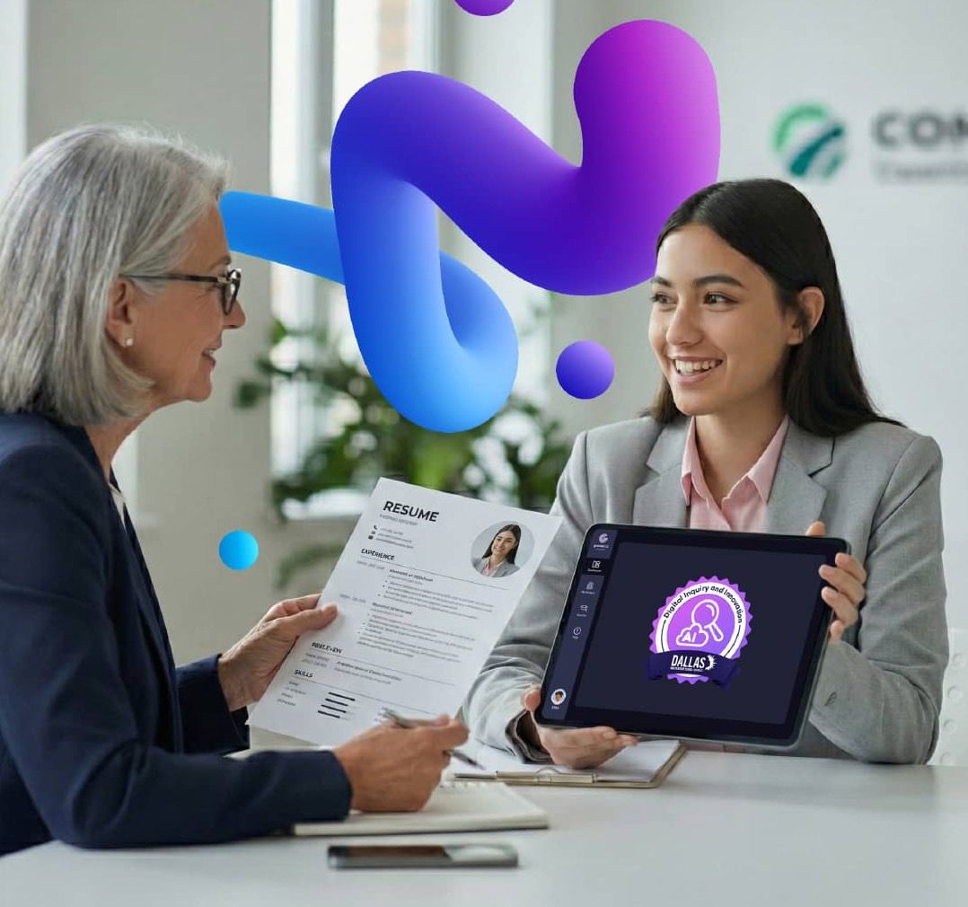A student in a blazer shows an interviewer a Digital Inquiry and Innovation badge from Dallas ISD on a tablet while the interviewer reads her resume