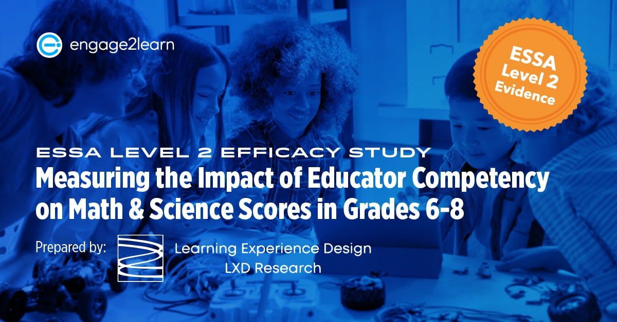 Research banner with an ESSA Level 2 Evidence seal: ESSA Level 2 Efficacy Study, Measuring the Impact of Educator Competency on Math and Science Scores in Grades 6-8, prepared by Learning Experience Design (LXD) Research