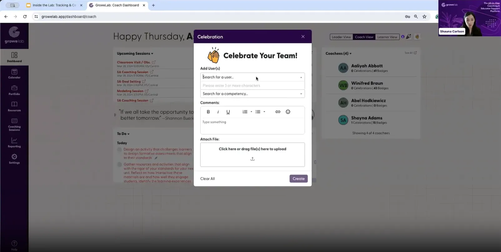 Screenshot of GroweLab's professional growth tracking, with badges and microcredentials