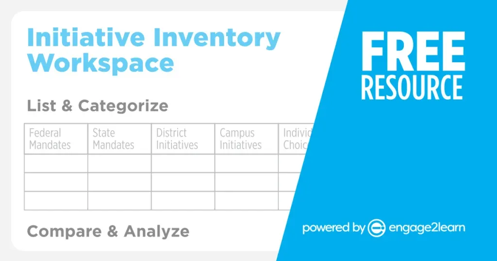Initiative Inventory Workspace, a free resource: a worksheet to list and categorize federal mandates, state mandates, district initiatives, school initiatives and individual choices, then compare and analyze them