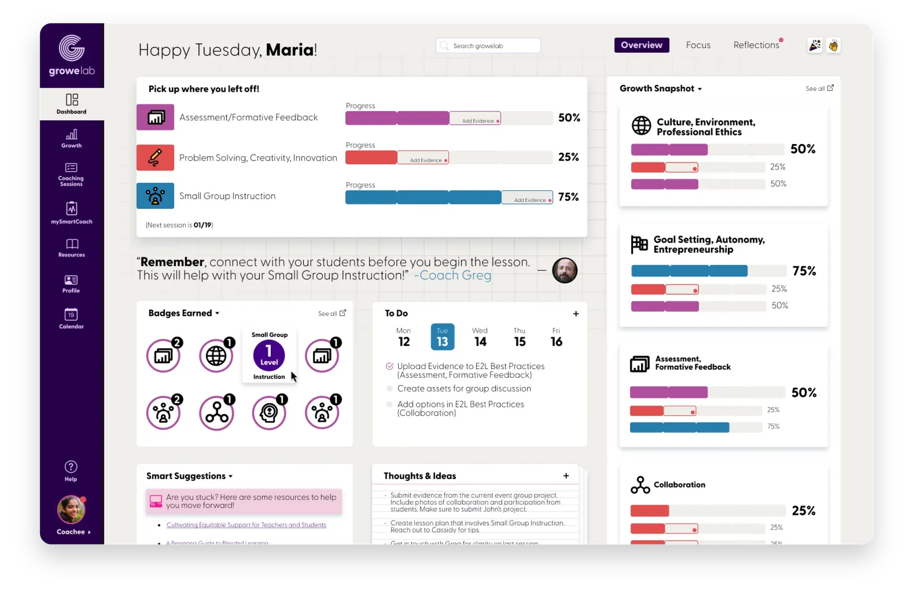 Screenshot of GroweLab's growth learner dashboard