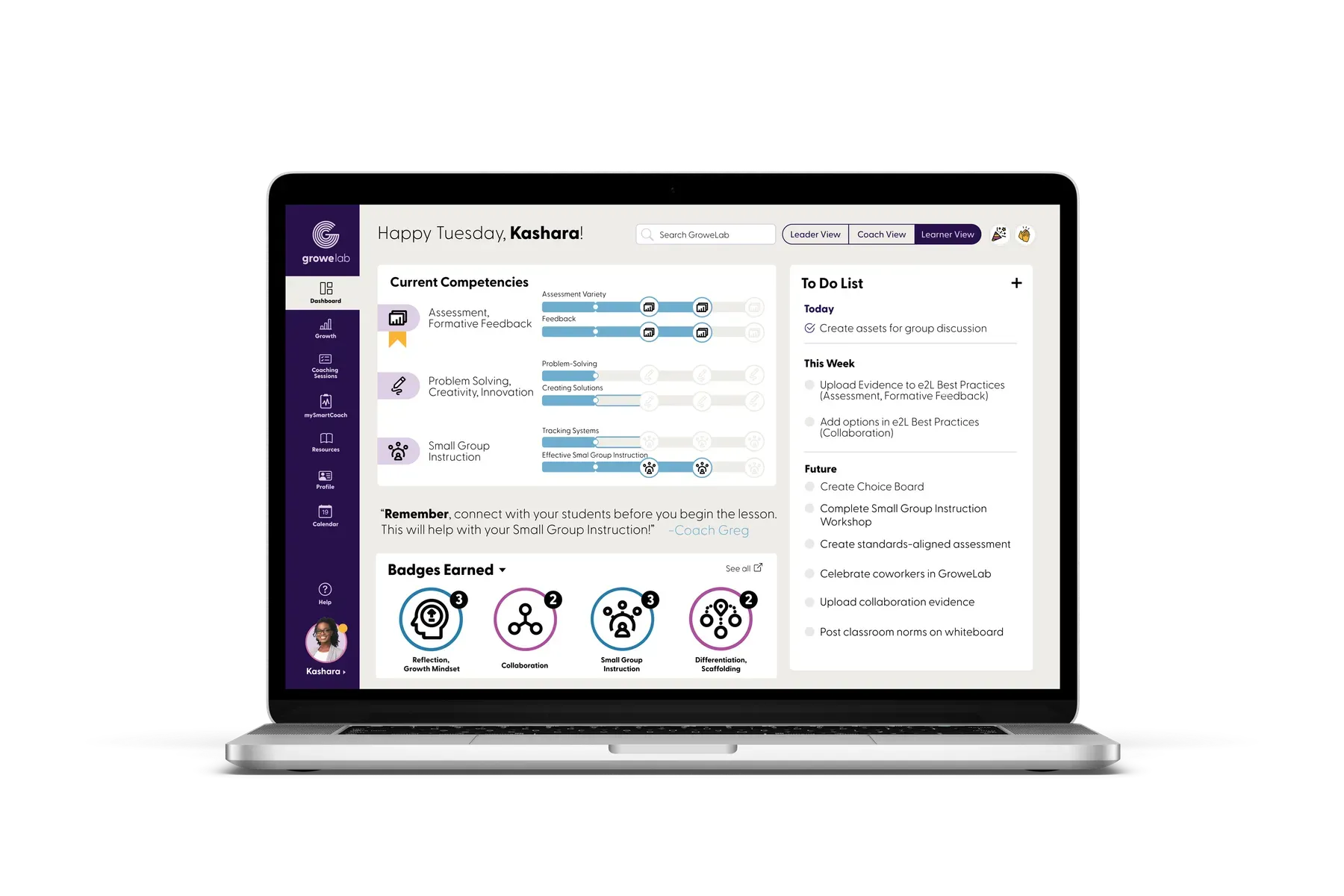 Screenshot of GroweLab's learner dashboard on a laptop