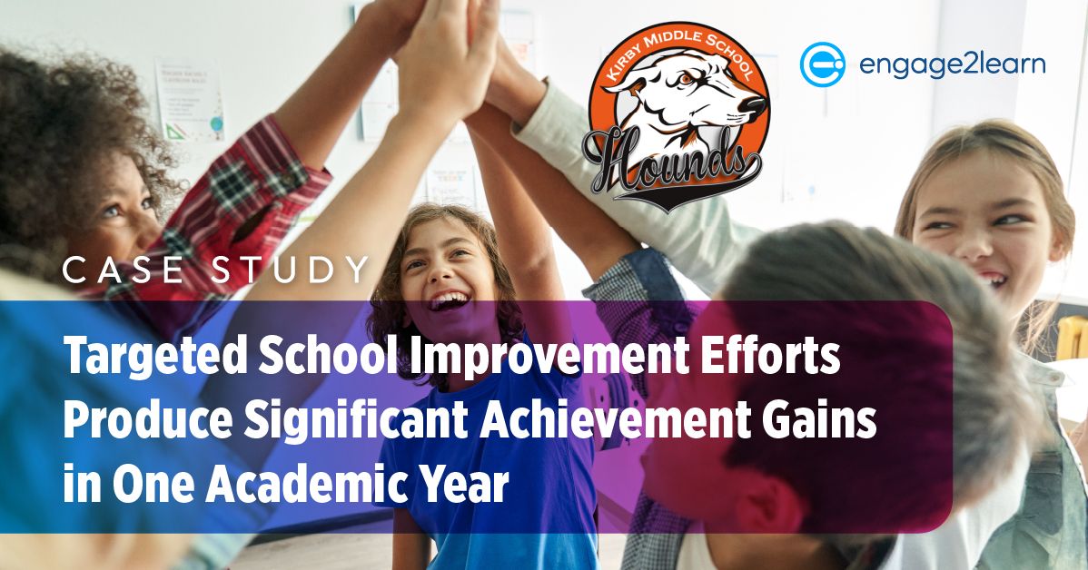 Case study banner, Kirby Middle School and engage2learn: Targeted School Improvement Efforts Produce Significant Achievement Gains in One Academic Year, over students joining hands in a high five