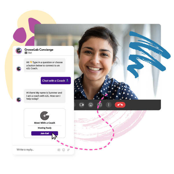 The GroweLab concierge chat offering "Chat with a coach", a coach named Summer answering, and a video call with an engage2learn coach