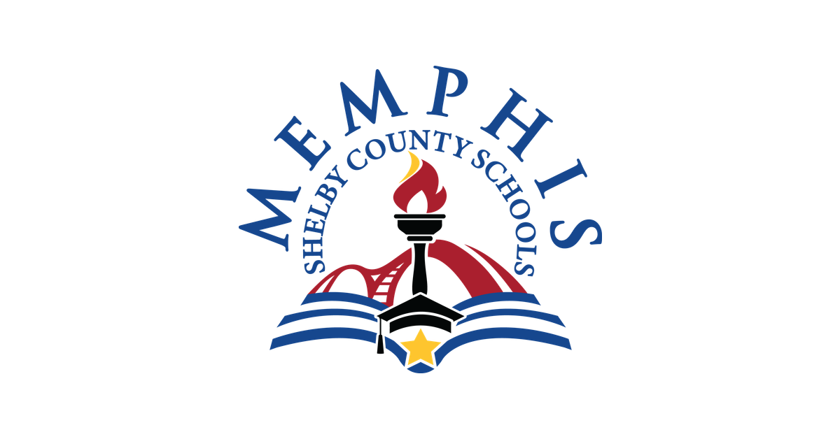 The Memphis-Shelby County Schools logo: Memphis arched over Shelby County Schools, a torch rising from an open book beneath a red bridge