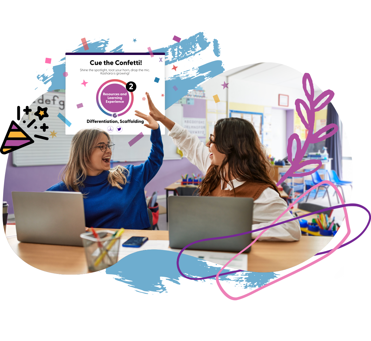 A teacher celebrating at her laptop with GroweLab badges on screen