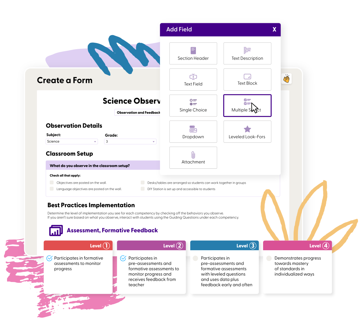 The GroweLab form builder for a custom classroom observation form, with the nine question types to choose from