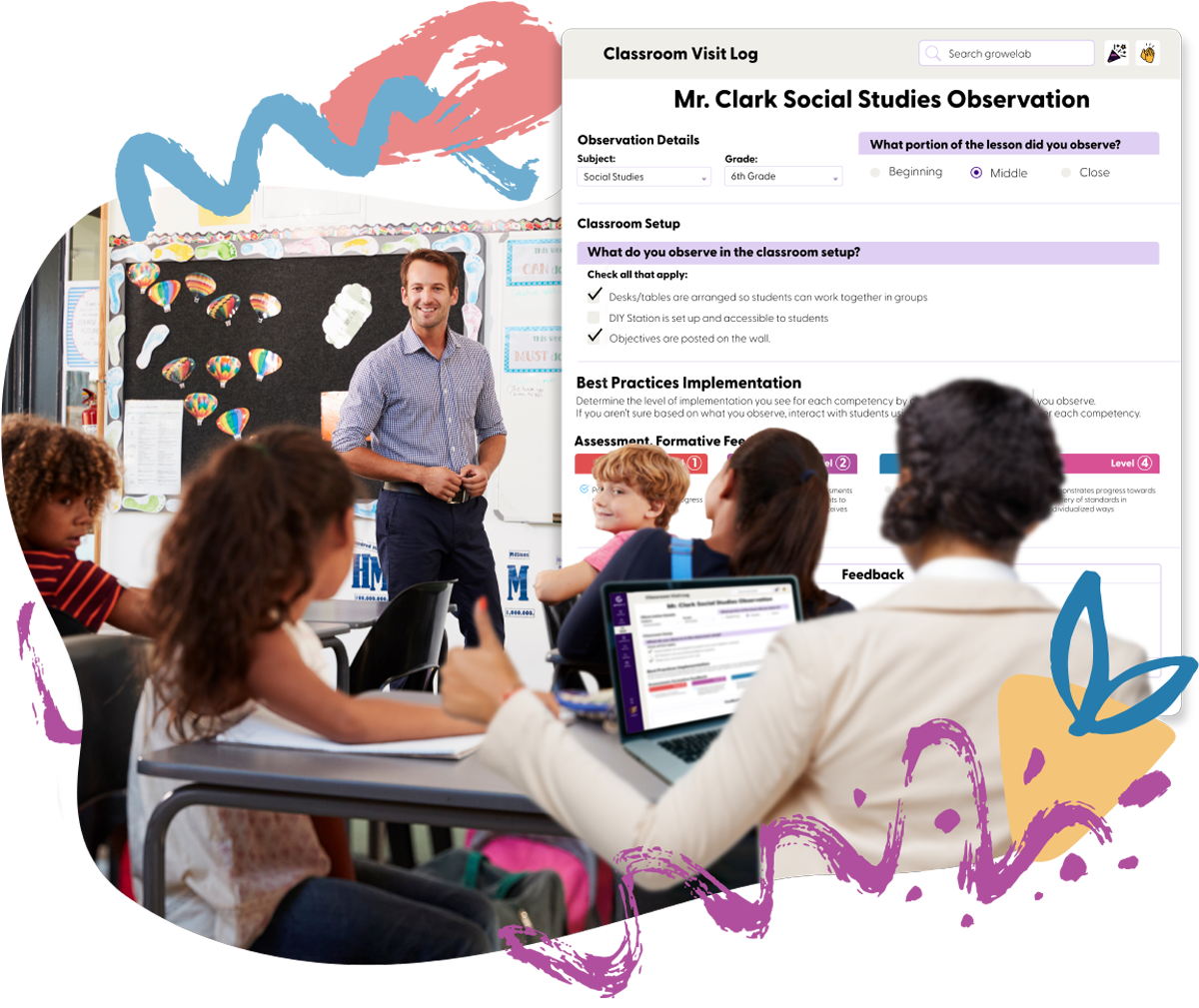 A leader in a classroom doorway with a GroweLab walkthrough form on a tablet