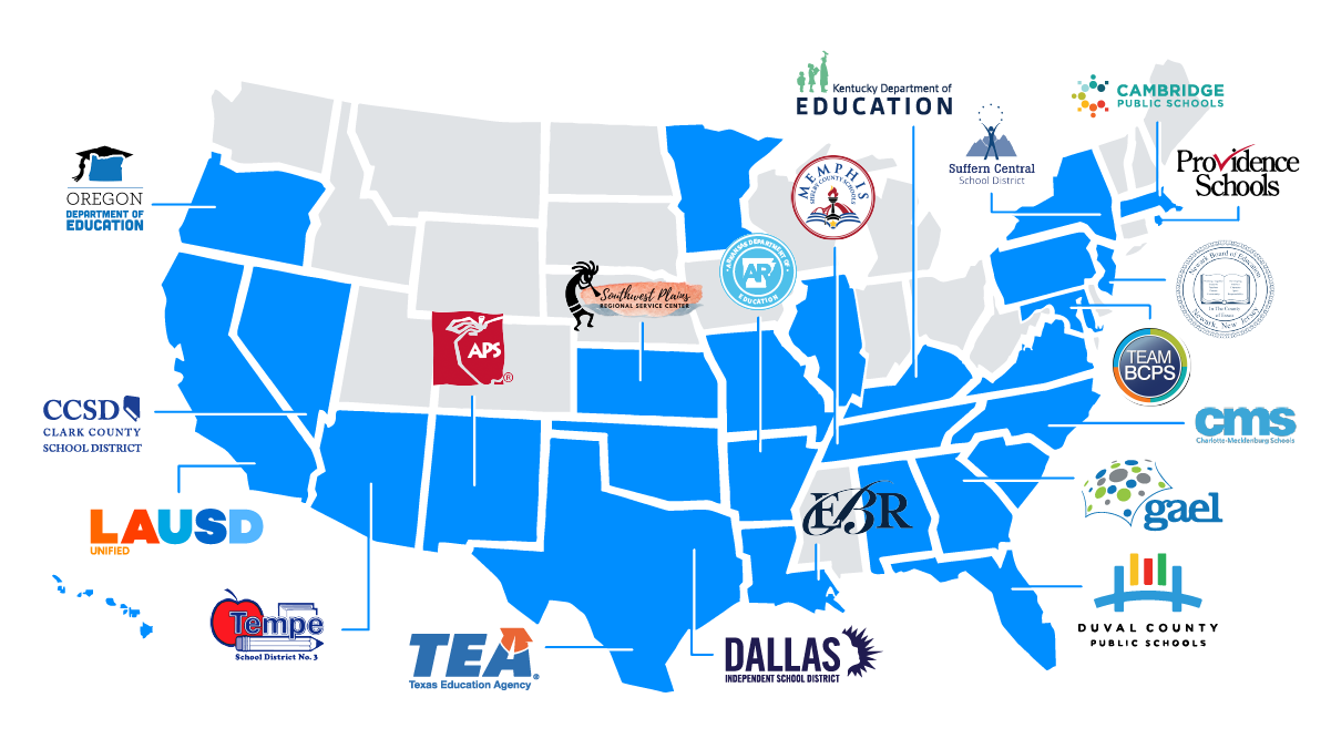 A map of the United States with partner states in blue and the marks of partner districts, agencies and associations across the engage2learn family, among them the Oregon Department of Education, Clark County School District, Los Angeles Unified, Tempe School District No. 3, the Texas Education Agency, Dallas ISD, Memphis-Shelby County Schools, the Kentucky Department of Education, Charlotte-Mecklenburg Schools, Duval County Public Schools, Baltimore County Public Schools, Cambridge Public Schools and Providence Schools