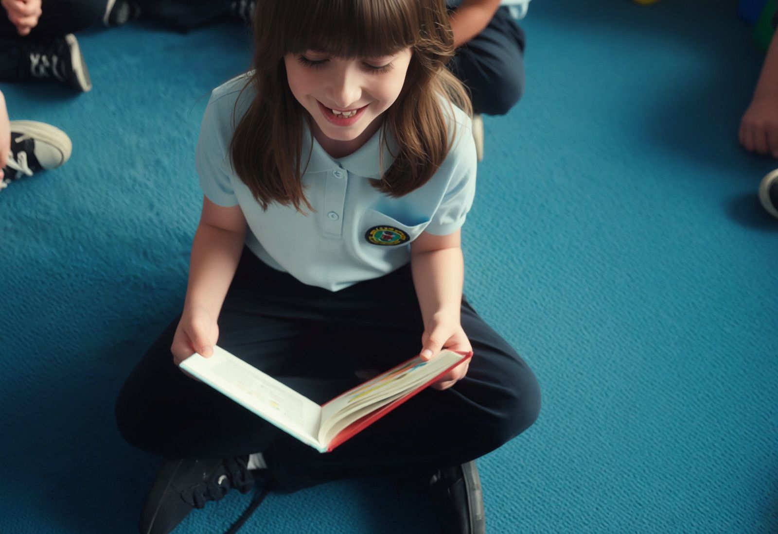 Seen from above, a smiling student with long brown hair sits cross-legged on a blue carpet reading an open picture book, classmates seated around her