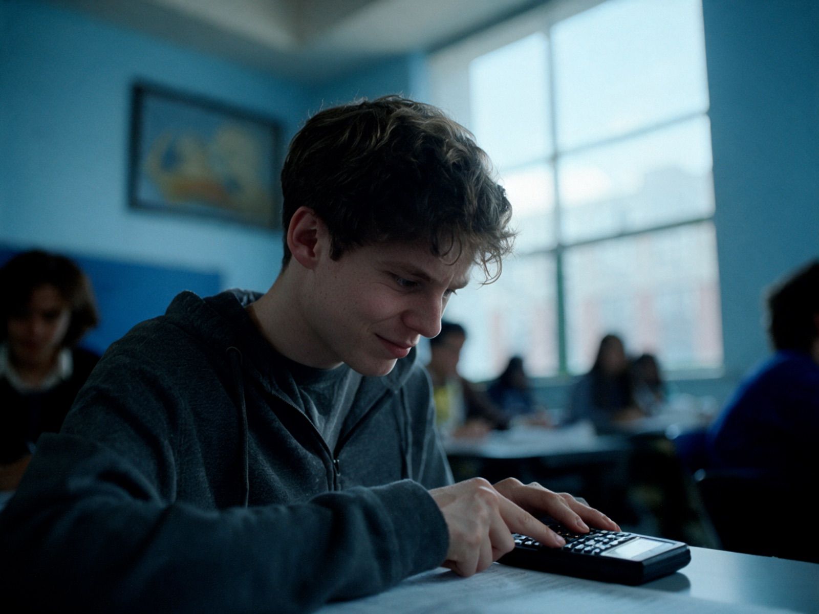 A smiling student in a gray hoodie works a problem on a graphing calculator at his desk, classmates out of focus behind him