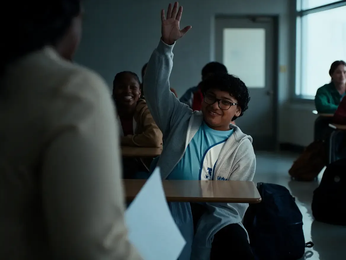 A smiling student in glasses and a gray hoodie raises his hand high from his desk as a teacher with a sheet of paper faces the class, classmates smiling behind him