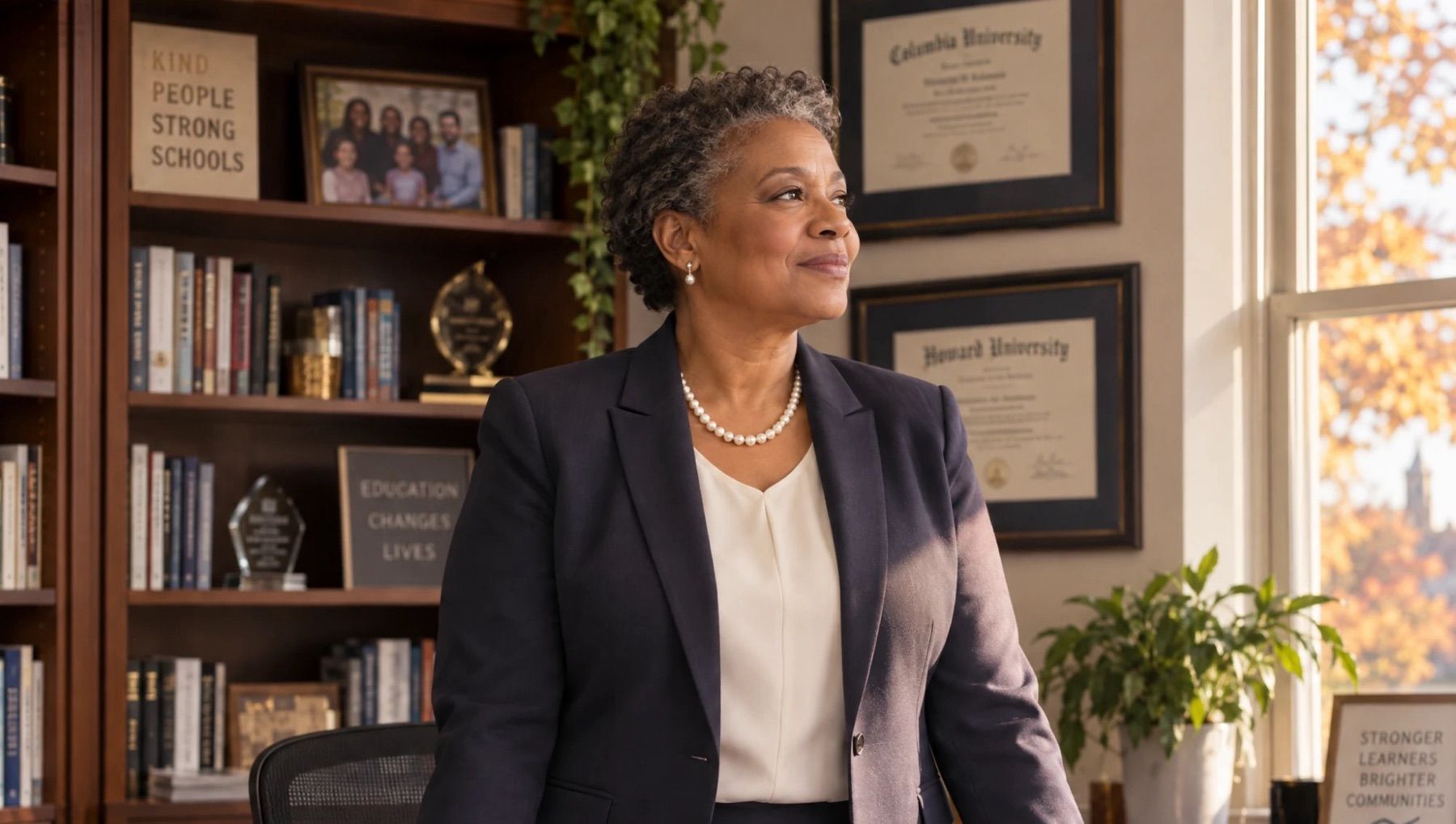 A superintendent in a navy suit and pearls stands at her desk in a sunlit office, looking toward the window, bookshelves and framed diplomas behind her