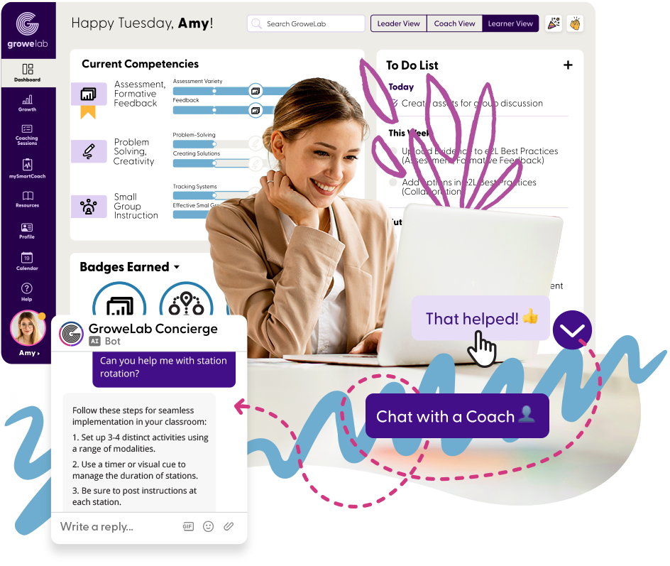 A teacher at her desk with the GroweLab support chat open