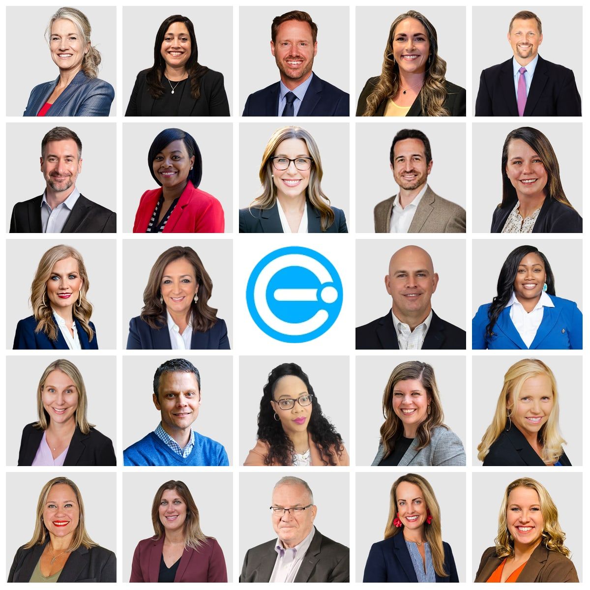 Portraits of twenty-four engage2learn team members in a five-by-five grid around the engage2learn mark