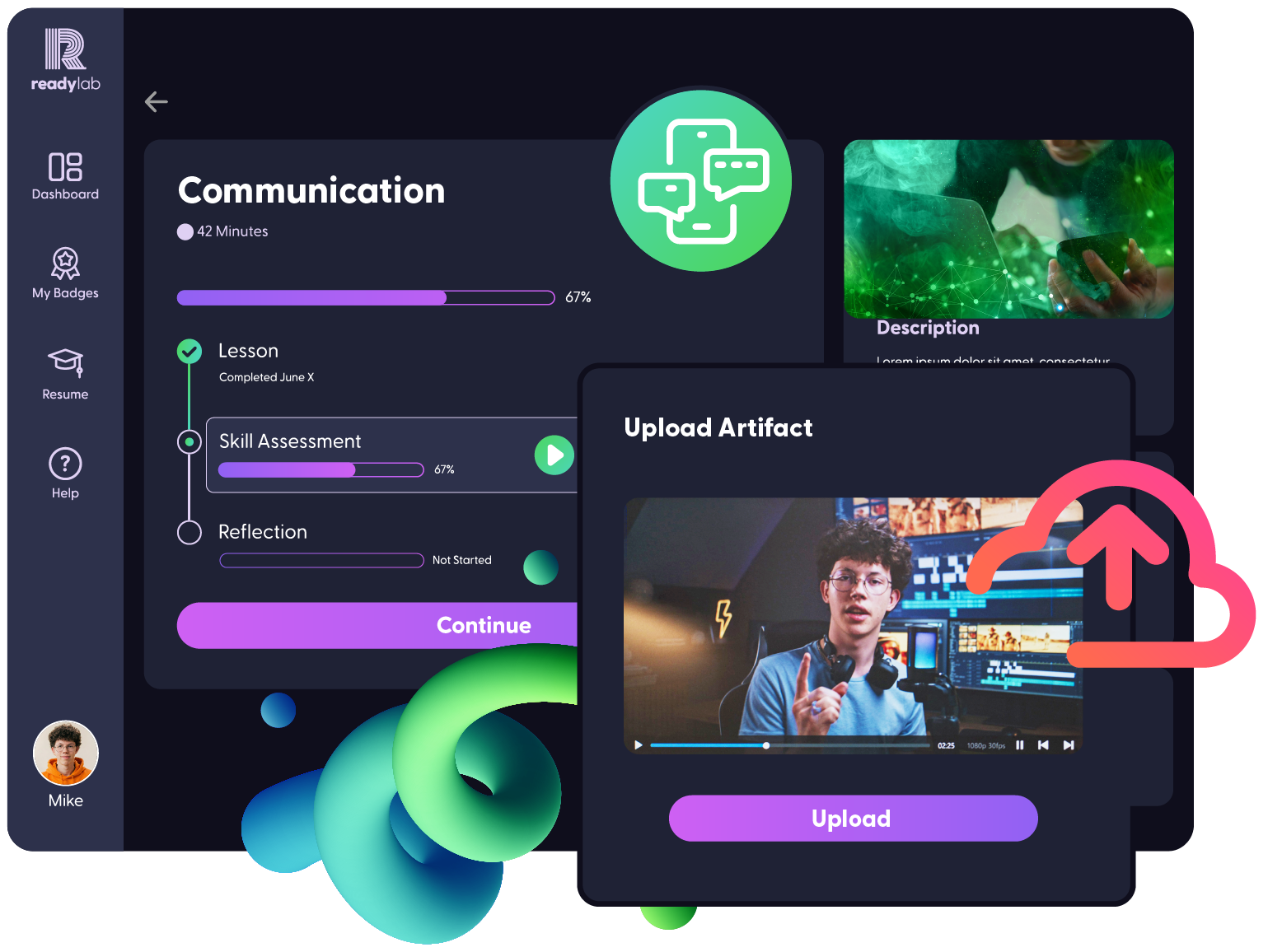 ReadyLab screen for the Communication skill: a lesson marked complete, a skill assessment two-thirds done and a reflection not started, beside an Upload Artifact panel holding a student’s video