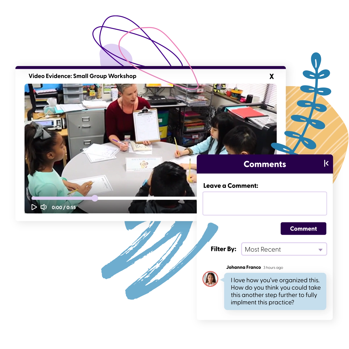 A classroom video of a small-group workshop uploaded to GroweLab as evidence, with a coach’s comment asking how to take the practice a step further
