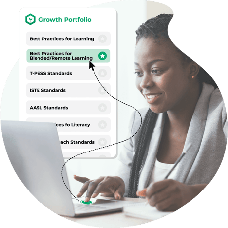Black administrative woman happily using laptop with illustration of Growth Portfolio screen highlighting Best Practices for BlendedRemote Learning