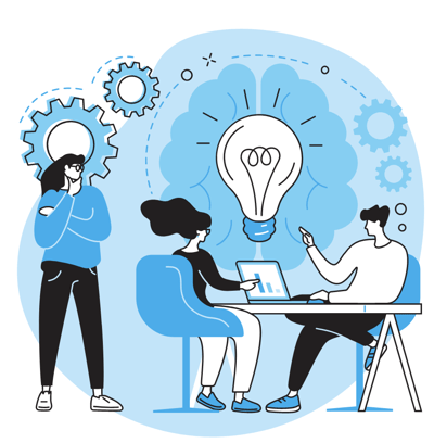 Cartoon illustration of students sitting at desks looking at a laptop with a oversized lightbulb and gears floating over them